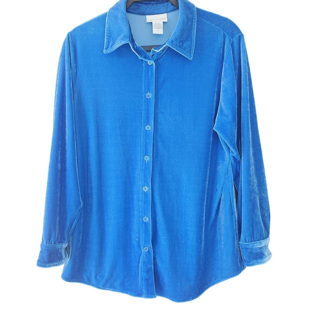 Soft Surroundings Petite Velvet Long Sleeve Button Up Blouse Top Size PM BLue